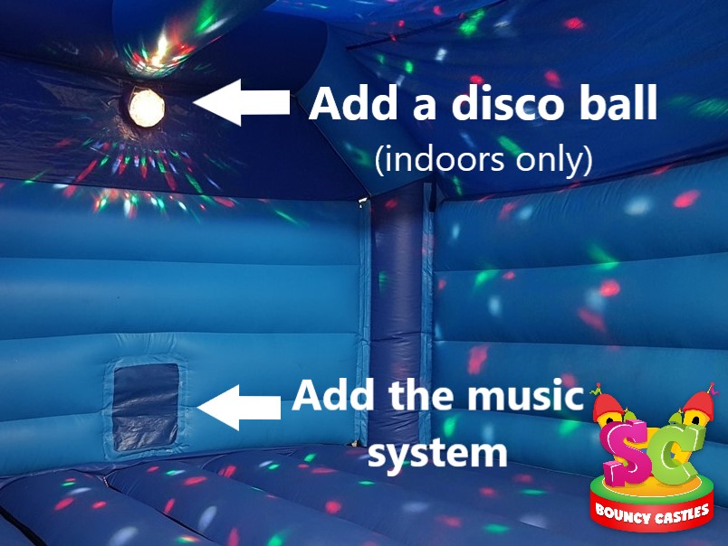 A picture of a bouncy castle hire in Chesterfield with disco lights